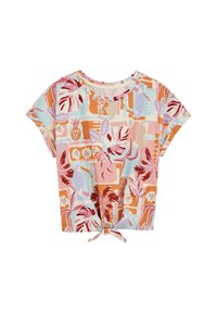Blusa multicolore a maniche corte con un motivo tropicale. Presenta un dettagliato nodo sul davanti, realizzata in un tessuto morbido, con accenti in rosa e blu.