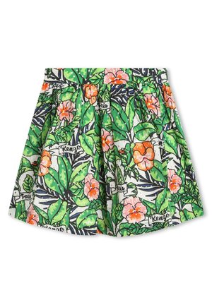 Jupe à imprimé floral présentant des feuilles vertes et des fleurs orange, sur un fond blanc. Design plissé avec des accents de marque.