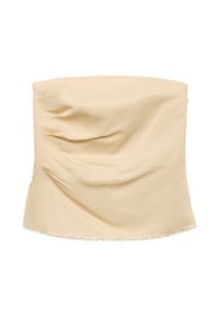 Top beige senza spalline con design drappeggiato, texture morbida e orlo grezzo. Realizzato in tessuto elasticizzato, presenta una finitura liscia.