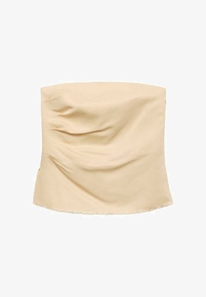 Beige stropløs top med en draperet design, blød tekstur og rå kant. Lavet af strækbart stof, med en glat overflade.