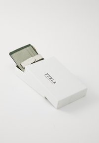 Portafoglio Furla in una scatola bianca. Presenta pelle verde e una texture verde chiaro con una chiusura grigia. Forma compatta e rettangolare. Dettaglio della zip in oro.