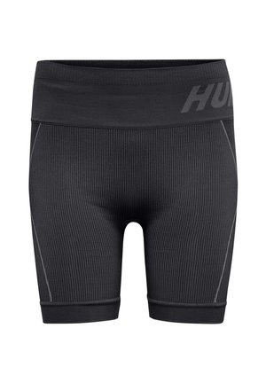 Czarne prążkowane sportowe spodenki kompresyjne z szerokim pasem i subtelnym logo po prawej u góry.