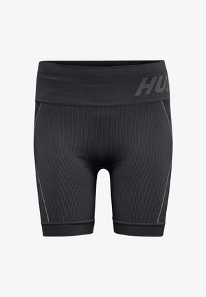 Czarne prążkowane sportowe spodenki kompresyjne z szerokim pasem i subtelnym logo po prawej u góry.