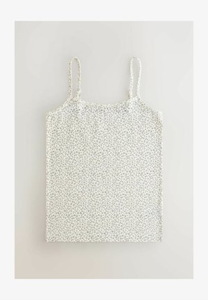 Top bianco con stampa leopardata grigia, dotato di spalline sottili e regolabili, dal design rilassato e una texture in tessuto morbida e liscia.