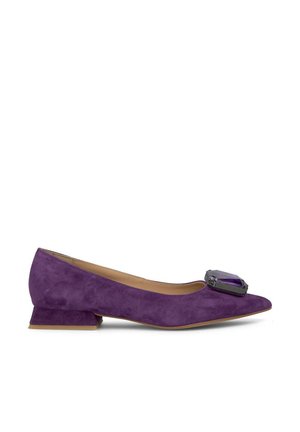 Purple suede flat shoe with a pointed toe and a low, hexagonal heel. Features a large, decorative amethyst-like gemstone embellishment.