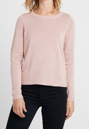 Helle rosa Strickjacke mit rundem Ausschnitt, langen Ärmeln und gerippten Bündchen; verfügt über eine subtile Textur und eine lockere Passform.