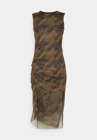 Vestido midi sin mangas de tela verde oliva con patrones florales oscuros y geométricos, que presenta detalles fruncidos y una sección inferior transparente.