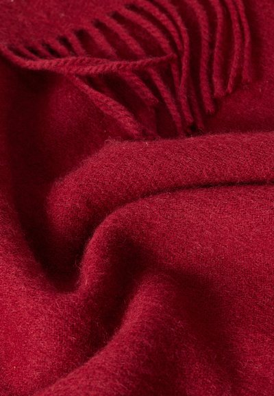 Červená vlněná látka s jemnou texturou, zdobená elegantními třásněmi podél jednoho okraje, vytvářející teplý a útulný vzhled.
