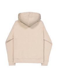 Bež hoodie z kapuco, dolgimi rokavi, rebrastimi manšetami in robom ter mehkobo. Brez vidnih logotipov ali vzorcev. Prikazan je pogled zadaj.