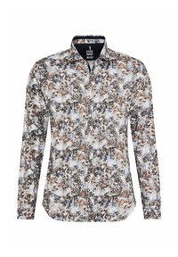 Camicia a maniche lunghe con un motivo floreale multicolore nei toni di blu, marrone e bianco; colletto con bottoni; vestibilità rilassata.