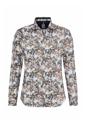 Langarmhemd mit einem mehrfarbigen Blumenmuster in Blau-, Braun- und Weißtönen; Knopfkragen; lockere Passform.
