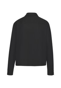 Black long-sleeve shirt featuring a collared neck, straight cut, and buttoned cuffs. Smooth fabric with a minimalistic design.