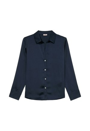 Bluză din satin bleu marin, cu mâneci lungi, guler clasic și închidere cu nasturi pe față, având nasturi albi. Textură netedă cu luciu minim.