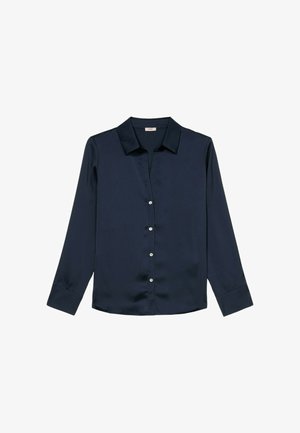 Sininen silkki-bluusa pitkilla hihoilla, klassisella kauluksella ja nappisulkimella, jossa on valkoisia nappoja. Tasainen pinta vähäisellä kiillolla.