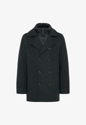 Manteau en laine mélangée gris foncé avec un design croisé, grands revers et boutons noirs. Dispose d'une couche intérieure rembourrée amovible.