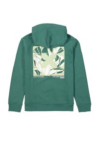 Hoodie verde realizzato in tessuto morbido, caratterizzato da una grafica quadrata con foglie e testo sul retro. Con cappuccio e polsini a coste.