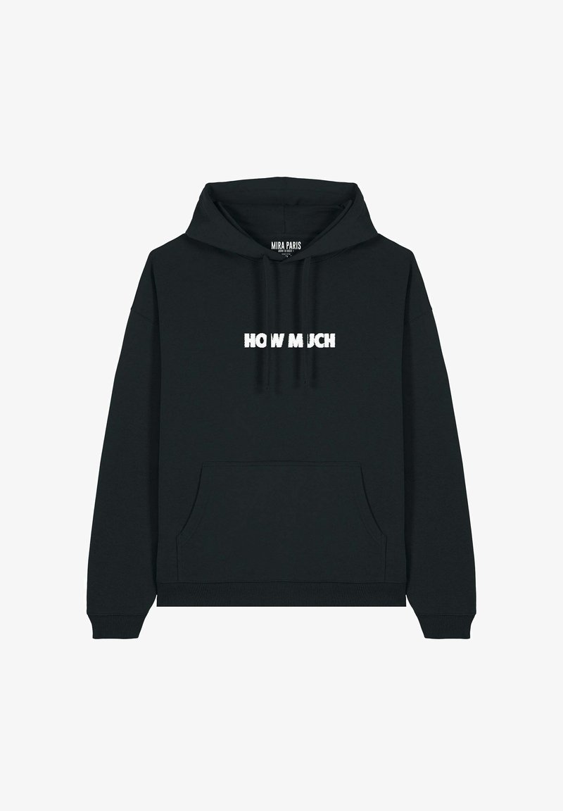 Sweat à capuche noir avec une poche avant, un cordon de serrage et le texte "COMBIEN" en lettres blanches. Tissu doux, coupe décontractée.