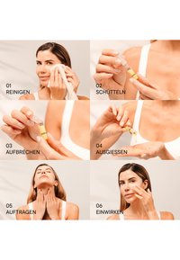 Set aus sechs Anleitung Bildern, die die Schritte der Hautpflege zeigen: Reinigen mit einem Tuch, Schütteln einer gelben Flasche, Brechen dieser, Ausgießen, Auftragen und Massieren.