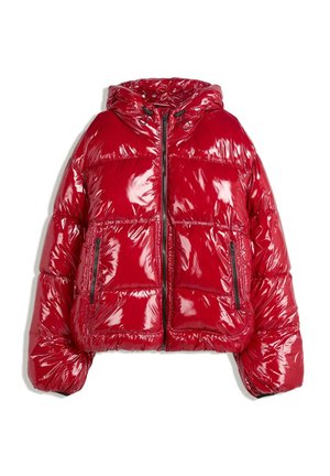 Red puffer jacket with a glossy finish, hood, zip closure, and two zippered pockets on the front. Features quilted design and elastic cuffs.