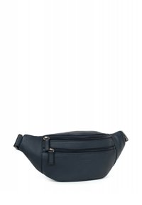 Marsupio in pelle blu navy con due scomparti con cerniera, forma curva e tracolla regolabile, caratterizzato da una texture liscia e hardware minimale.