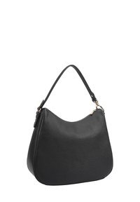 Sac à épaule en cuir noir avec une forme courbée, une seule poignée et un zip doré en accent. Texture lisse sans motifs visibles.