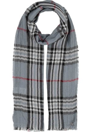 Light blue scarf with black, white, and red plaid pattern, lightweight fabric, gently frayed edges, arranged in loose loop.