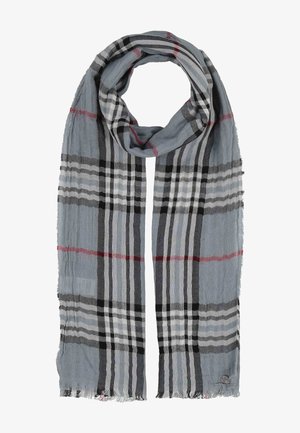 Light blue scarf with black, white, and red plaid pattern, lightweight fabric, gently frayed edges, arranged in loose loop.