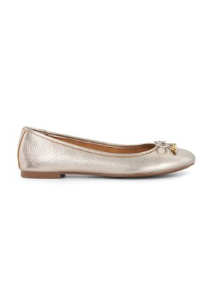 Metallic gold ballet flat with a textured finish, bow accent on the toe, and a flat sole. Casual design suitable for various occasions.