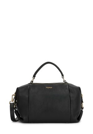 Black leather handbag with a textured surface, rounded shape, double handle, and removable shoulder strap. Features gold hardware and a zip closure.