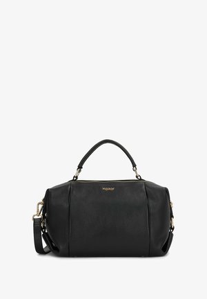 Schwarze Handtasche aus Leder mit einer strukturierten Oberfläche, runder Form, doppeltem Griff und abnehmbarem Schulterriemen. Verfügt über goldene Beschläge und einen Reißverschluss.