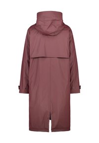 Maroon waterproof coat with a hood, mid-length design, and a back vent for ventilation. Features snap cuffs and a flat yoke.