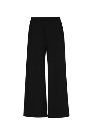 Mustad laiad püksid, mis on valmistatud pehmest kangast, elastse vöökoha ja lõdva, voolava disainiga, et tagada mugavus ja liikumisvabadus.