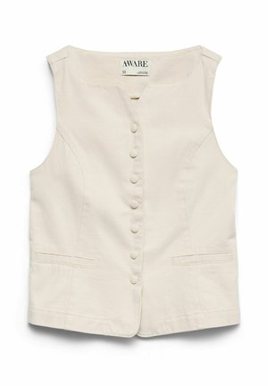 Veste beige sans manches avec fermeture par boutons, deux poches passepoilées devant et encolure carrée, en tissu texturé.