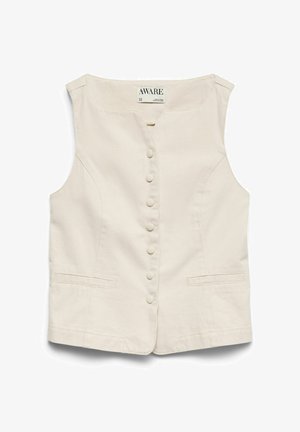 Gilet beige senza maniche con chiusura a bottoni, due tasche frontali a filetto e scollo quadrato, realizzato in tessuto strutturato.