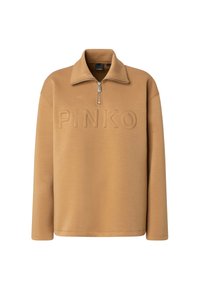 Felpa beige con colletto alto, dotata di chiusura a metà zip e logo "PINKO" in rilievo sul davanti. Tessuto morbido, vestibilità ampia.