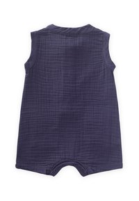 Monosuit sin mangas para bebé, hecho de un tejido texturizado de un profundo color púrpura con un sutil patrón de cuadrícula y cierres a presión en la parte inferior.