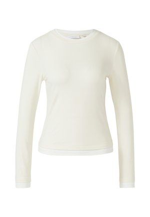 Kremowa damska koszulka z długim rękawem, z okrągłym dekoltem, lekko dopasowanym fasonem i warstwowym detalem na dole.