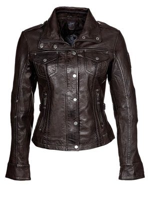 Dark brown leather jacket with a button and zipper front, two chest pockets with button flaps, and long sleeves.