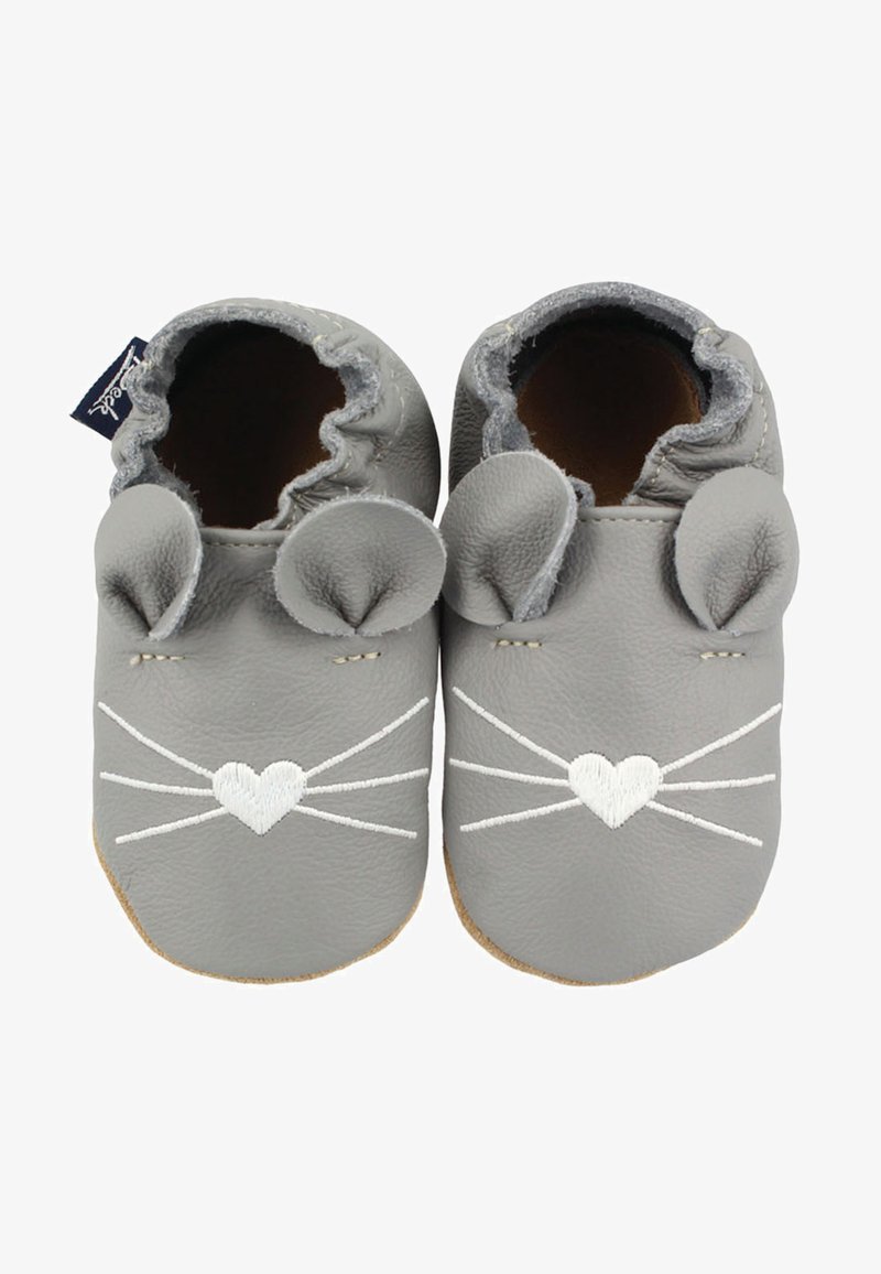 Grijze leren babyslofjes met geborduurde snorharen en een hart. Heeft ronde oren en een elastische opening voor gemakkelijk aantrekken.