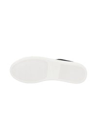 White rubber sole of black sneaker with textured grip areas on heel and toe, shown from bottom view on white background.