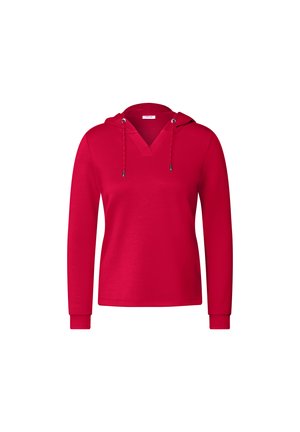 Sweat-shirt à capuche rouge avec un col en V, des manches longues et des accents de cordons. Fabriqué en matériau doux, avec une texture lisse et une coupe décontractée.