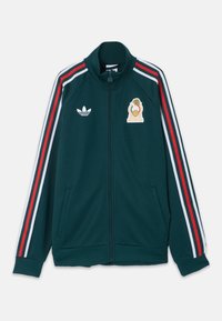 Veste de sport zippée vert foncé avec des bandes rouges, blanches et noires sur les manches, logo Adidas et écusson de football mexicain sur la poitrine.