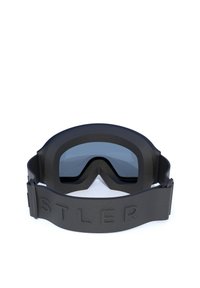 Schwarze Skibrille mit gebogenem Glas, Schaumstoffpolsterung und einem strukturierten, verstellbaren Riemen mit erhabenen Buchstaben. Klare und langlebige Ausführung.