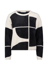 Wollen blend trui met geometrische patronen in zwart en ivoor, met een ronde hals en lange mouwen, zachte textuur.