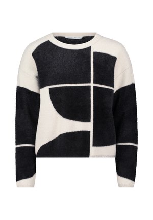 Uldblandingsstrik med geometriske mønstre i sort og elfenben, rund halsudskæring og lange ærmer, blød tekstur.
