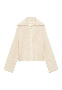 Krämfärgad kortärmad cardigan med bred krage, texturerat stickat tyg och fem matchande knappar fram. Långa ärmar.