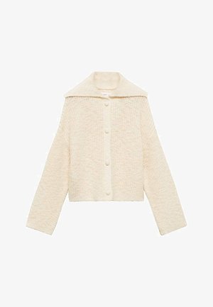 Crème-kleurige cropped cardigan met een brede kraag, textuur gebreide stof en vijf bijpassende knopen aan de voorkant. Lange mouwen.
