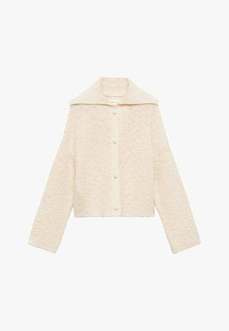 Krämfärgad kortärmad cardigan med bred krage, texturerat stickat tyg och fem matchande knappar fram. Långa ärmar.