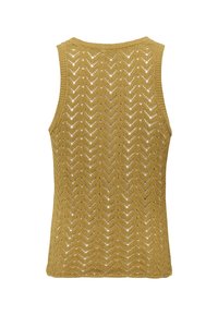 Senapsgul ärmlös topp med ett texturerat, öppet zebrapattern. Baksidan har en rundad halsringning och en lös silhuett.