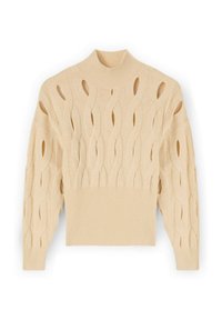 Beżowy sweter dzianinowy z wysokim kołnierzem, zdobiony falistym wzorem z wycięciami oraz ściągaczami u dołu i na rękawach. Miękka faktura, skrócona długość.